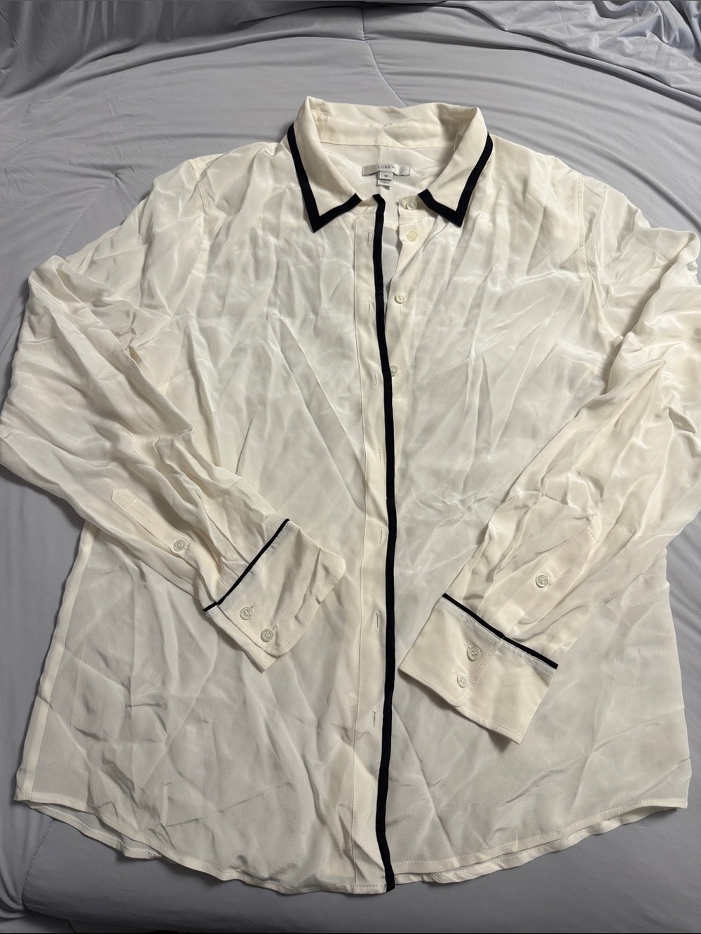 J Crew size 12 100% silk Classic White Button-Down Shirt with Black Trim
